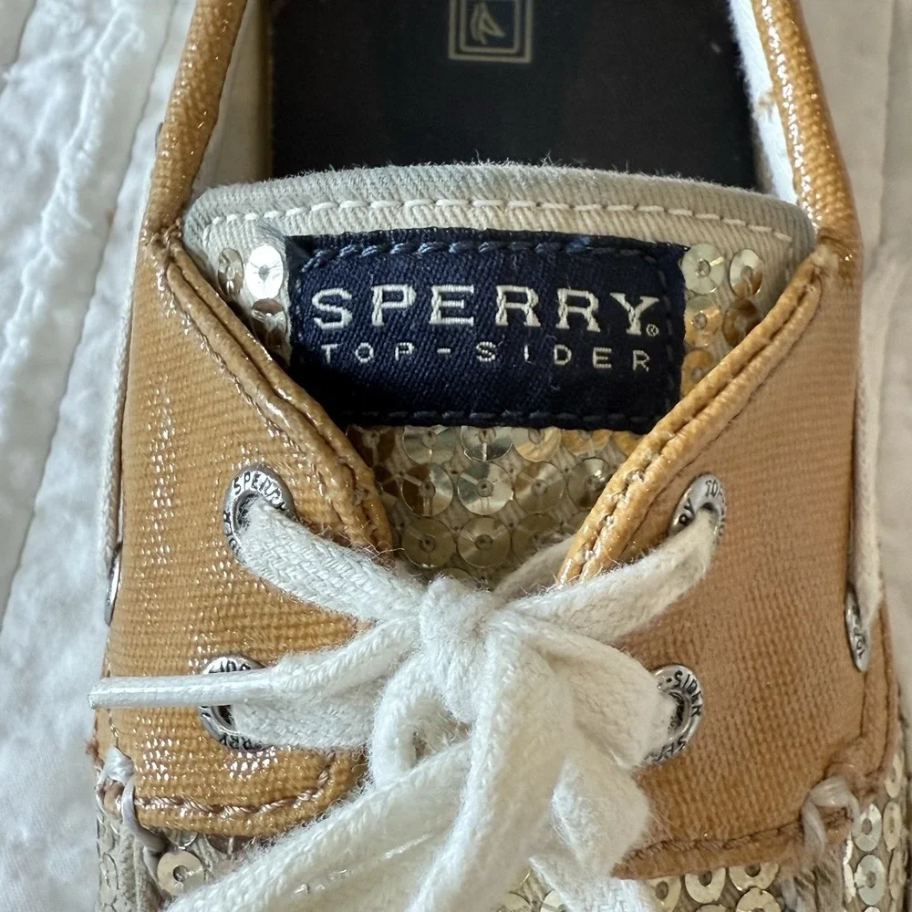 SPERRY Boat Shoes Gold Sequins Fisherman Festive Women's Top‎ Sider Size 9.5 M